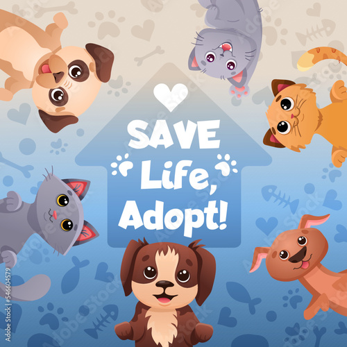 Social media post design with pet adoption promotion. Save life, adopt  banner with cute dogs, cats, paw print patterns. Vector cartoon square template for flyer design, web page, posters.