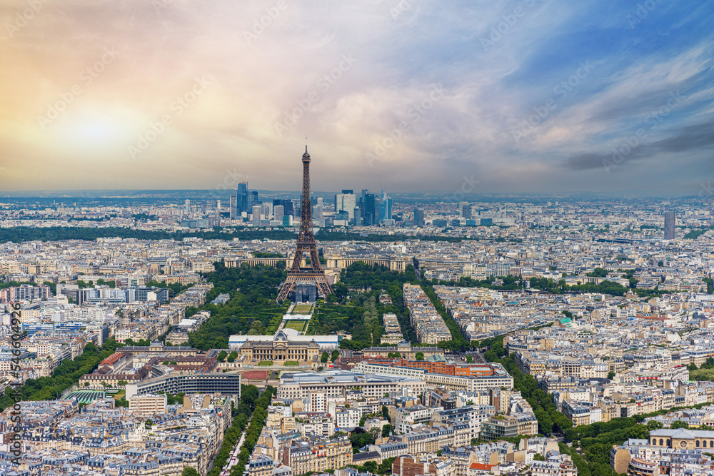 Aerial city view of Paris with the Eiffel Tower and La Defense