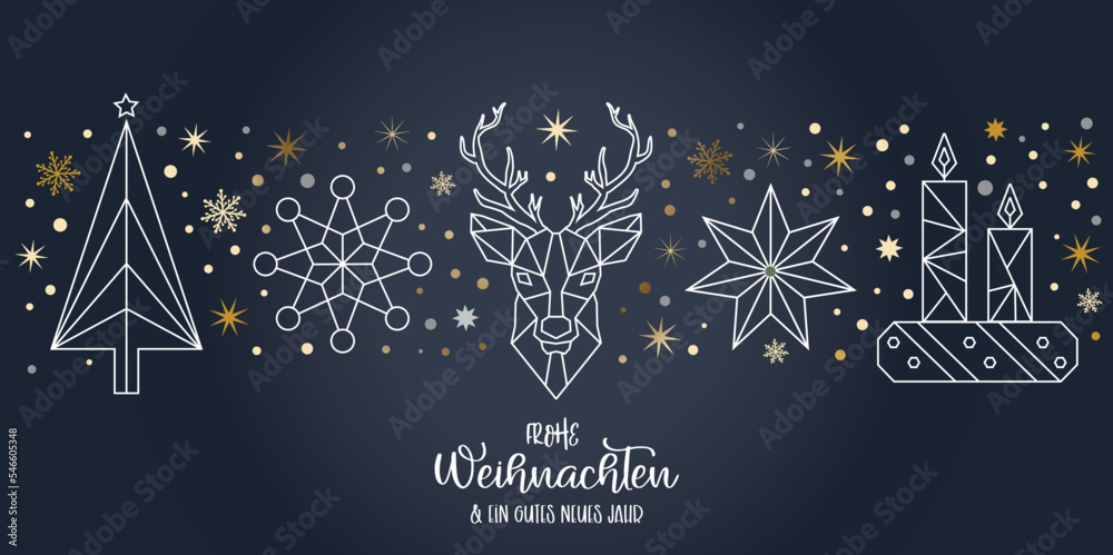 Frohe Weihnachten mit Stern Kerzen Rentier und Weihnachtsbaum - Grußkarte mit Ornamneten auf schwarzem Hintergrund. Deutscher Text