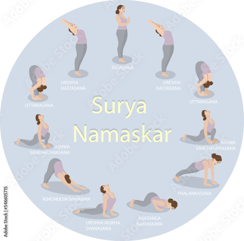 Vector illustration of yoga poses. An attractive woman is engaged in the Surya Namaskar complex.