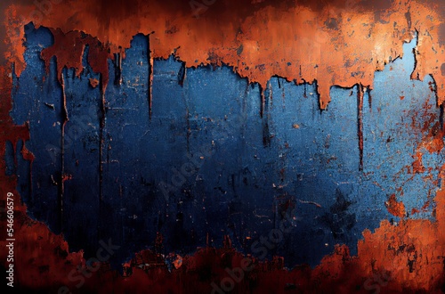 Blue rusted metal backround, distressed grunge background. Old metallic iron panel.