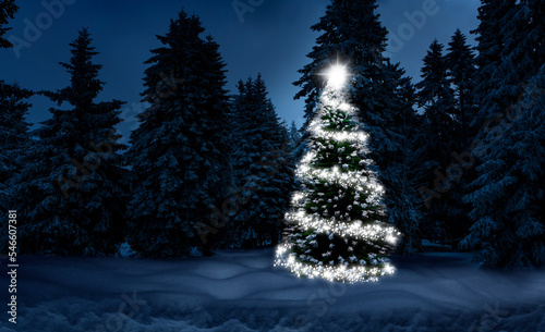 Leuchtender Weihnachtsbaum in einem verschneiten Winterwald