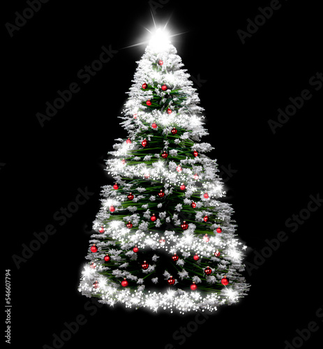 Weihnachtsbaum mit Roten Kugeln isoliert vor dunklem Hintergrund