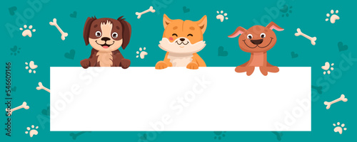 Cute cartoon puppies are holding an empty banner with place for your text. Dog grooming concept. Can be used for pet shop sign or for flyer super sale template. Vector illustration