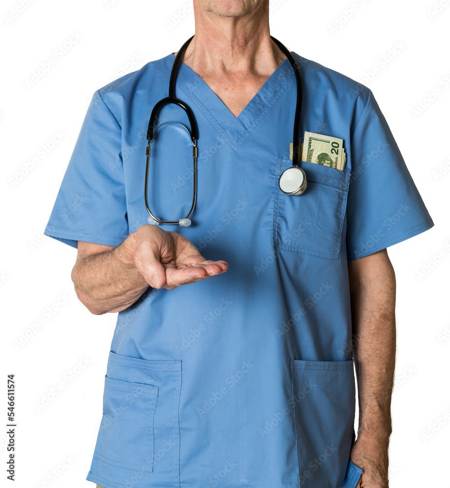 Senior doctor in scrubs asking for payment Senior doctor in scrubs asking for payment