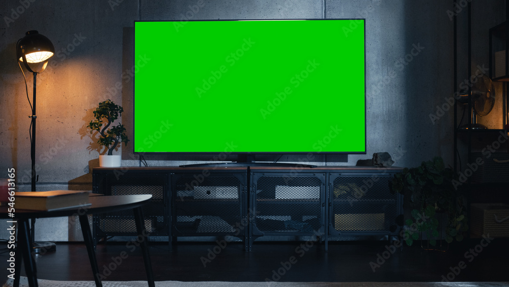 Stylish Loft Apartment Interior with TV Set with Green Screen Mock Up
