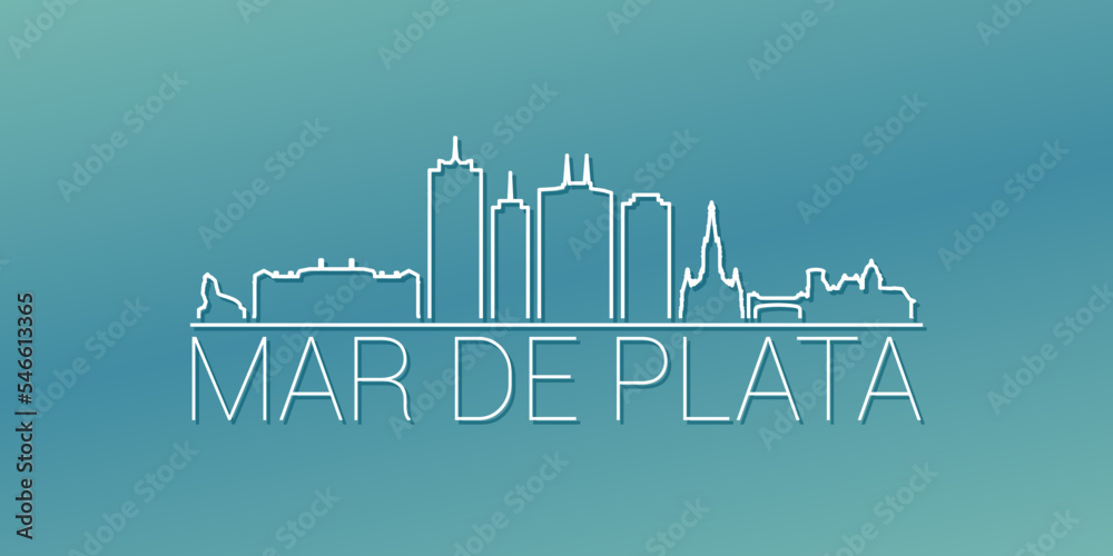 Mar del Plata, Buenos Aires Province, Argentina Skyline Linear Design. Flat City Illustration Minimal Clip Art. Background Gradient Travel Vector Icon.