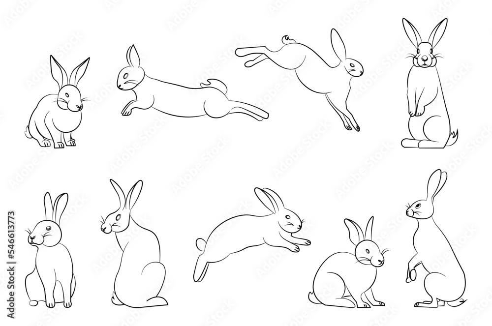 Obraz premium Set of bunny in simple one line style isolated on white background. Icons, symbols, elements, illustration of stylized cute bunnies.