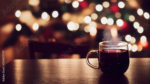 Steaming hot mulled wine with Christmas background. CINEMAGRAPH loop. photo