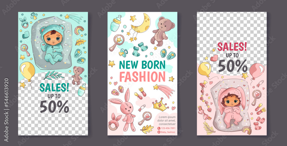 Cute baby shop vertical banner. Social media design template with cute newborns and hand drawn toys for sale promotion, baby fashion, advertisement. Vector illustration with place for your text.