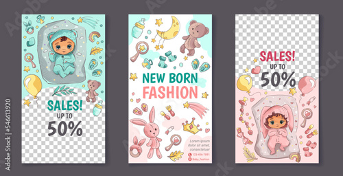Cute baby shop vertical banner. Social media design template with cute newborns and hand drawn toys for sale promotion, baby fashion, advertisement. Vector illustration with place for your text.