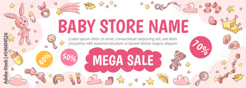 Baby Goods sale banner with place for text. Kids store vector poster with hand drawn illustrations of clothes, toys and balloons for promotion, social media post, template.
