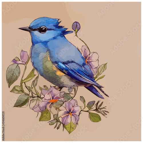 Bluebird Sitting with Wildflowers. Digital Watercolor Painting. Vector Illustration. [Digital Art, Storybook Background, Game, Graphic Novel, Graphic Tee, or Postcard Image]