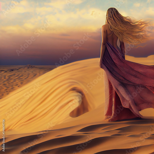 Majestic view of a woman with flowing hair standing amidst Sahara Desert sand dunes, her elegant gown echoing the golden hues of a captivating sunset, evoking serenity and wonder.