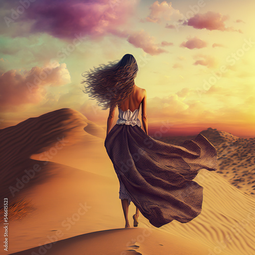 Enchanting woman gracefully stands atop a Sahara Desert dune, her gown billowing in the wind, with a mesmerizing sunset casting golden hues across the vast sandy landscape. generative Ai 