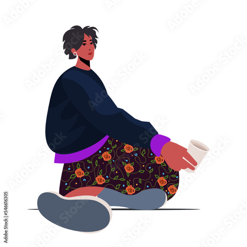 Homeless young woman character sitting on the street asking for help, unemployment  woman needing help. Poverty and homelessness concept. Vector illustration.