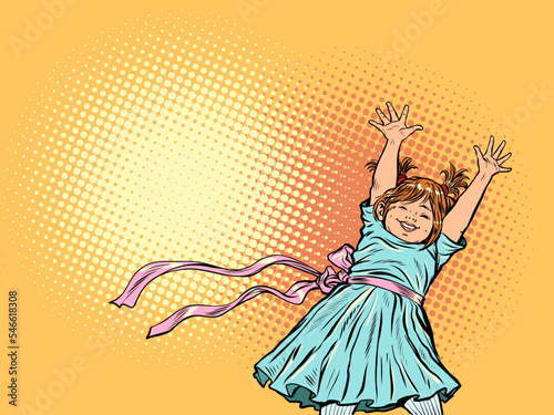 Smiling little girl raised her hands up. Happy childhood. Pop art retro