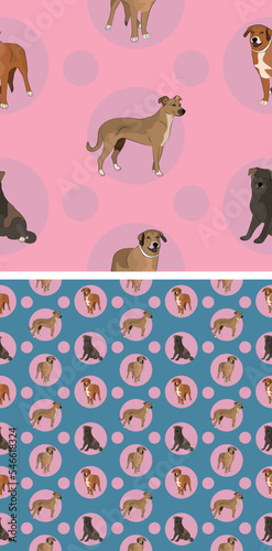 Seamless Mutt dog pattern, holiday texture. Square format. Pink, blue packaging, textile, fabric, decoration, wrapping paper.Trendy hand-drawn dogs wallpaper. Holiday background with circles.