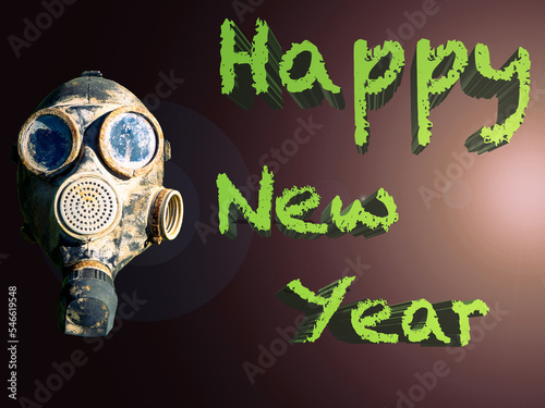 Concept with New Year greeting card with antigas mask on dark background with lens flare