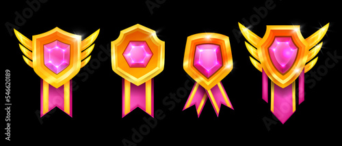 Game badge set, vector winner level up ranking icon kit, golden certificate medal, certified reward. UI champion 3D prize, achievement award emblem, gemstone. Bonus game badge asset premium trophy