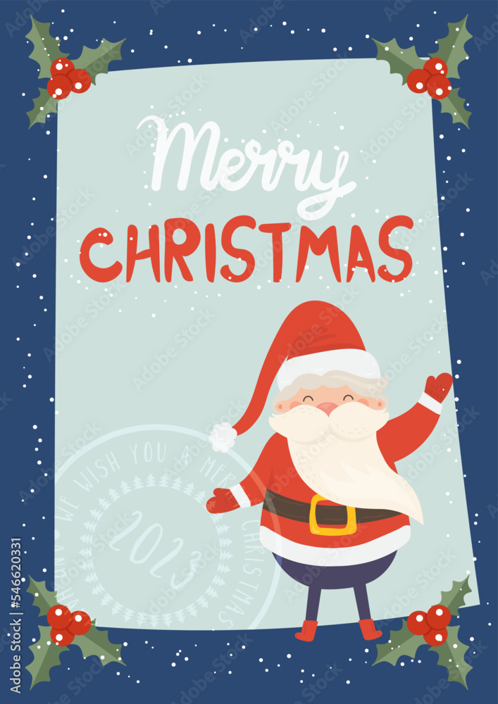 Cartoon illustration for holiday theme with happy Santa Claus on winter background with trees and snow. Greeting card for Merry Christmas and Happy New Year. Vector illustration. Cartoon illustration for holiday theme with happy Santa Claus on winter background with trees and snow. Greeting card for Merry Christmas and Happy New Year. Vector illustration.