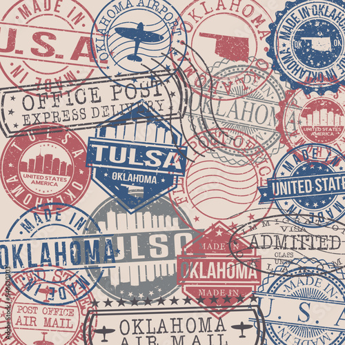 Tulsa, OK, USA Set of Stamps. Travel Stamp. Made In Product. Design Seals Old Style Insignia.
