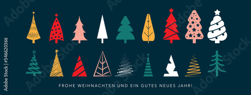 Weihnachtskarte mit deutschem Text und verschieden bunt geschmückten Weihnachtsbäumen auf dunklem Hintergrund - Vektor Illustration
