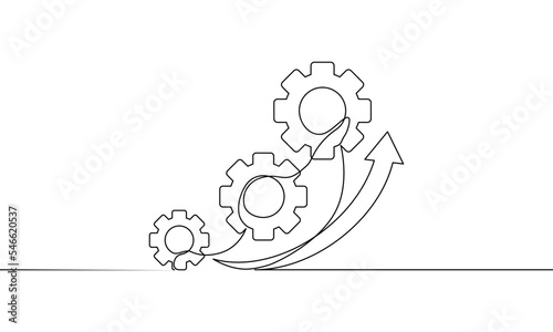 Continuous line drawing of gears with arrow, business growth, arrow up icon, gear sign symbol, object one line, single line art, vector illustration