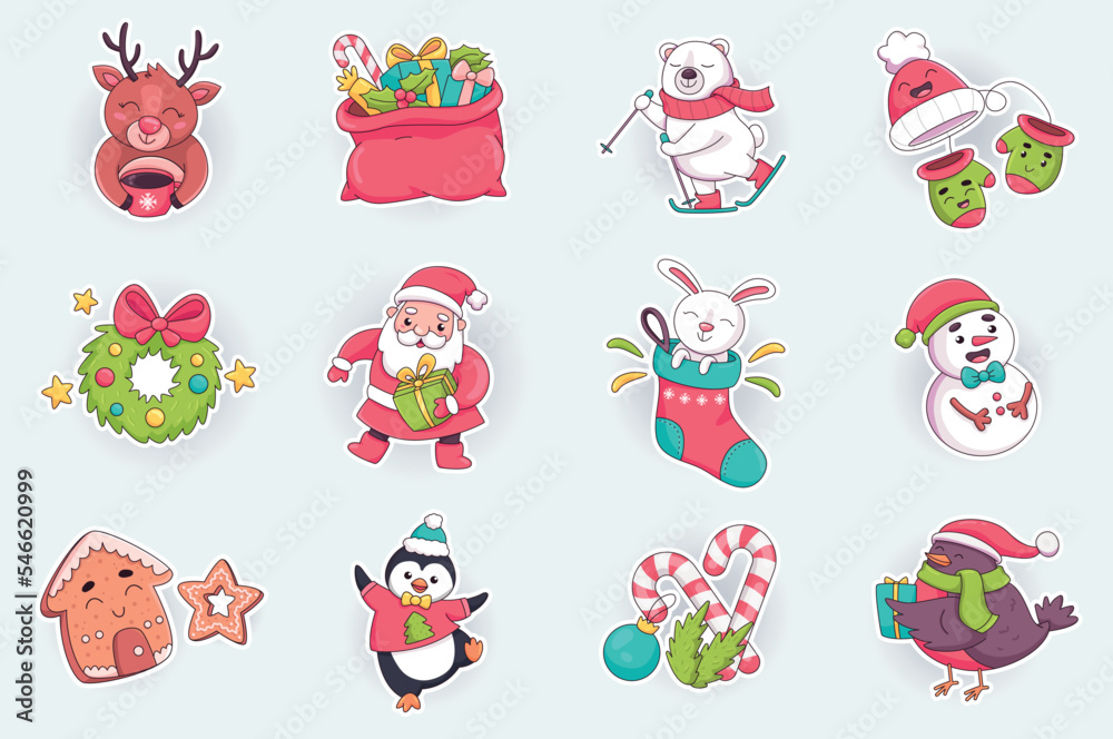 Christmas cute stickers set in flat cartoon design. Happy reindeer drinks cocoa, bag of gifts, polar bear on skis, Santa Claus, wreath and other. Vector illustration for planner or organizer template