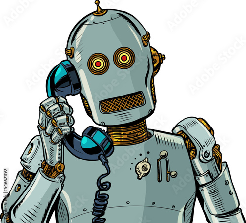A humanoid robot speaks on an old wire telephone. Artificial intelligence answering machine. AI speech generator