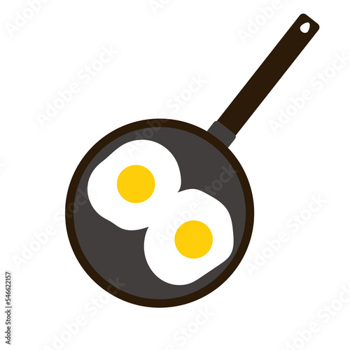 Simple flat tasty morning breaksfast on a black pan, white background consist of two fried eggs 