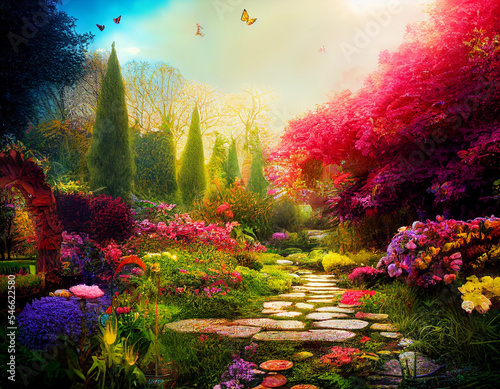 Digital artwork of magical garden, colorful trees, flowers and butterflies Fototapet