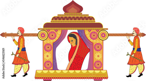 Indian wedding symbol bride in Doli vector line art clip art. Indian wedding clip art two-men and bride in Doli vector clip art illustration color doli