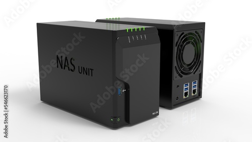 2-bay black NAS (Network attached storage) on white background. 3D Rendering photo