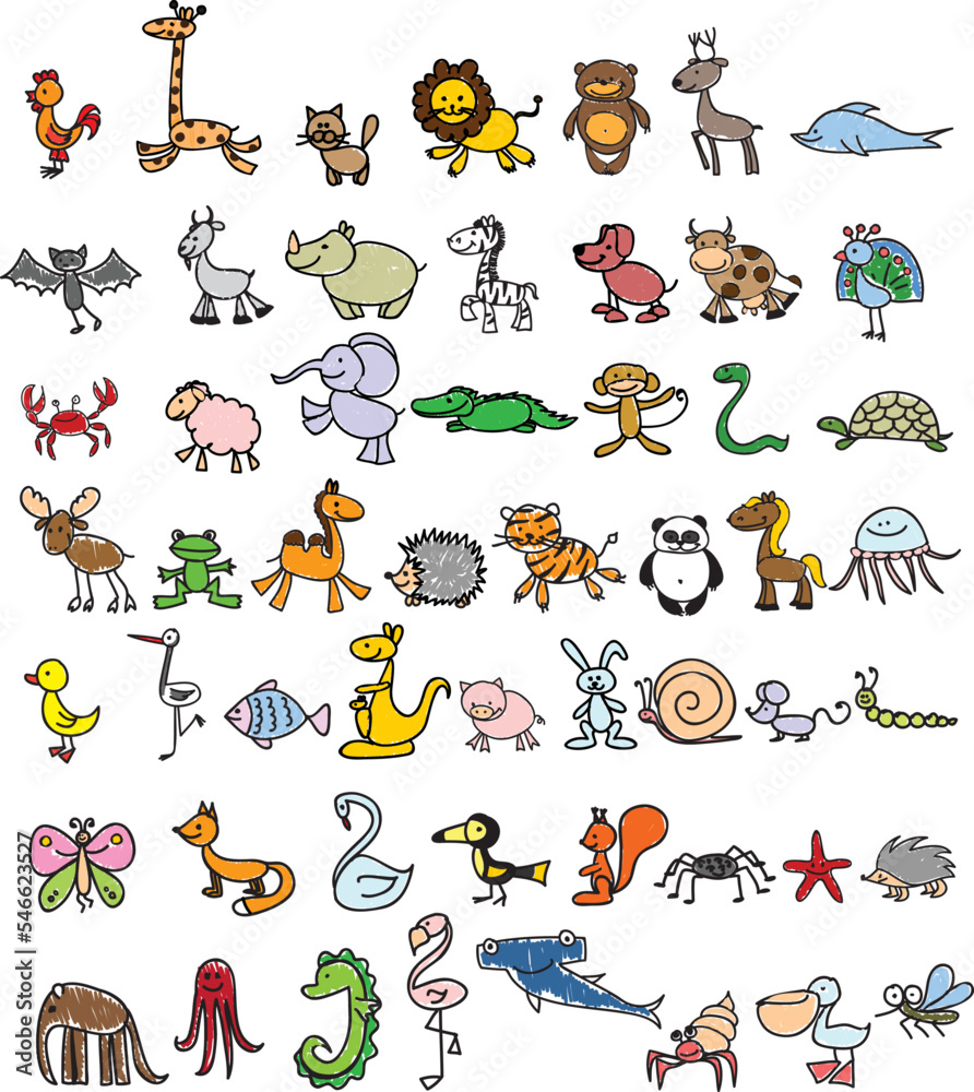 Vector cartoon big set of cute doodle animals. Perfect for postcard ...