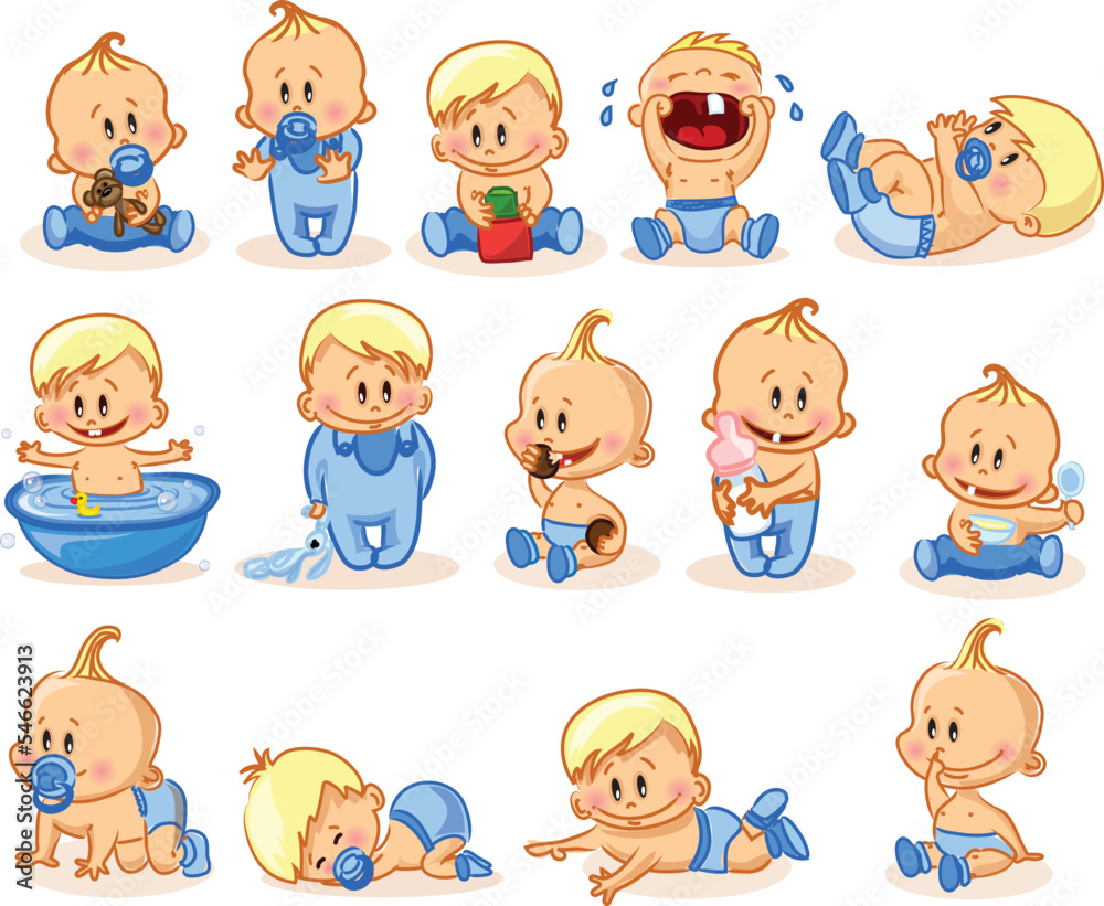 Set with cute little babies in different situations. Playing, sleeping, sitting, lying, crawling baby. Happy smiling newborn boy or girl. Set with cute little babies in different situations. Playing, sleeping, sitting, lying, crawling baby. Happy smiling newborn boy or girl.