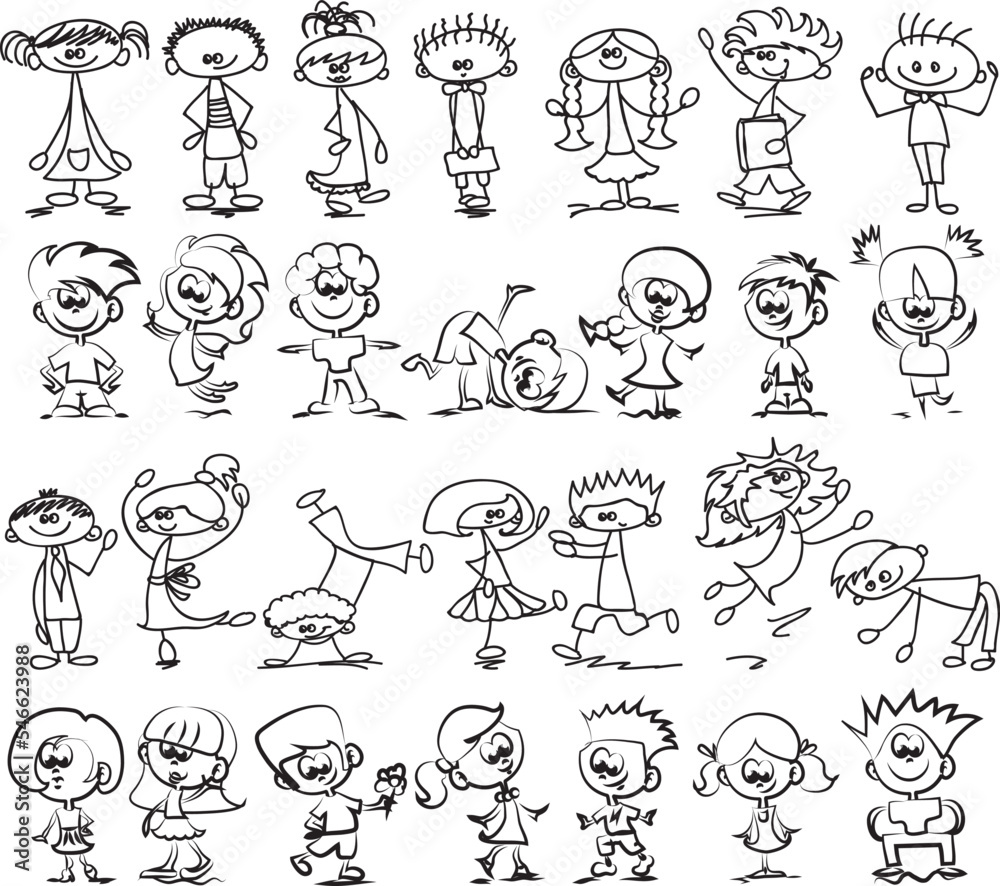 Set of doodle sketchy happy kids jumping with joy, black and white outline vector illustrations