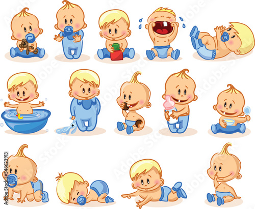 Set with cute little babies in different situations. Playing, sleeping, sitting, lying, crawling baby. Happy smiling newborn boy or girl.