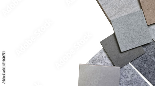 multi color of grainy artificial stones (quartz) and stone tiles samples isolated on background with clipping path. palette of interior stone material samples with blank space for design.