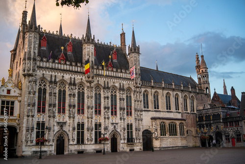 view of the Town Hall and, on the right, Basilica of the Holy Blood in Bruges, Belgium