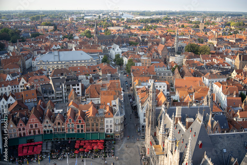 Bruges, Belgium; view of the city from the top on Belfort tower of Market Square in city center.