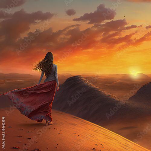 Graceful woman in flowing dress stands atop a Sahara Desert dune, her silhouette illuminated by a radiant sunset. A picture of solitude and beauty amidst nature's vast expanse generative ai 