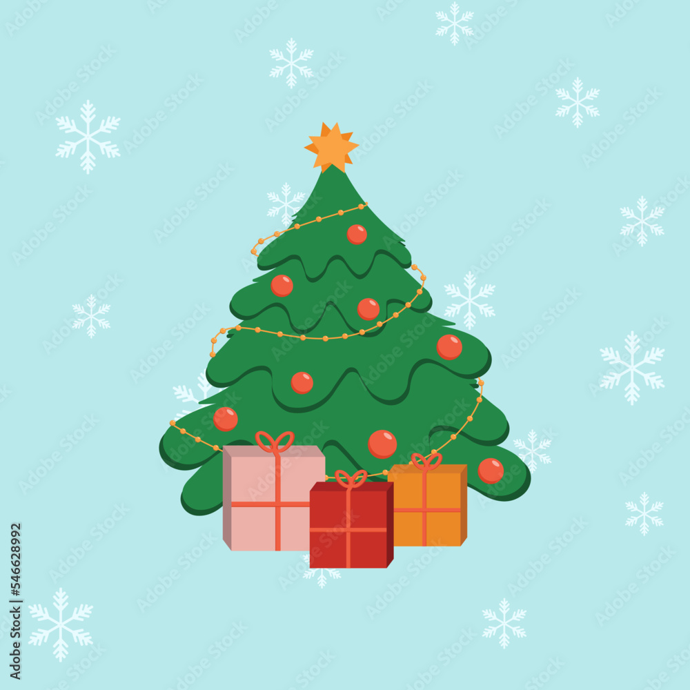 Naklejka premium Festive christmas tree flat vector illustration. Traditional xmas house decoration. Presents under fir tree decorated with garlands, various toys and star. New year, Winter holiday celebration