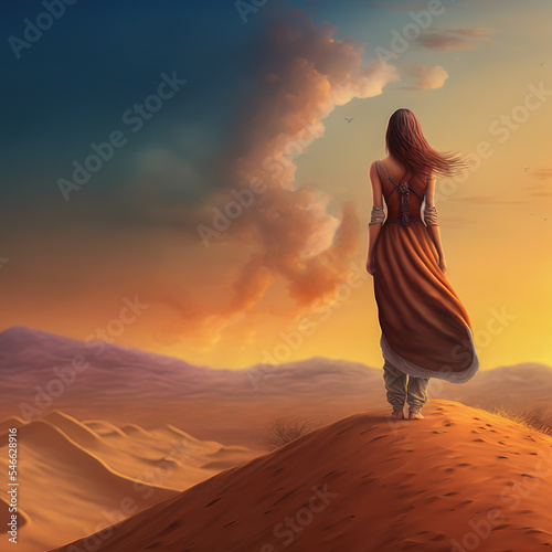 Mystical image of a woman with flowing hair and gown, standing amidst the vast sand dunes of the Sahara Desert. A captivating sunset paints the horizon, a. generative ai 
