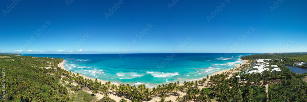 Wild tropical bounty and pristine beach  with coconut palm trees and turquoise caribbean sea. travel destination. Aerial view