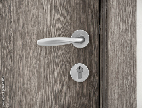 Detail of white door with chrome handle elements, part of apartment interior