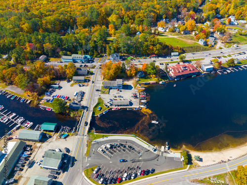 Alton Bay at Lake Winnipesaukee aerial view on Harmony Park and village of Alton Bay in fall in town of Alton, New Hampshire NH, USA.  photo