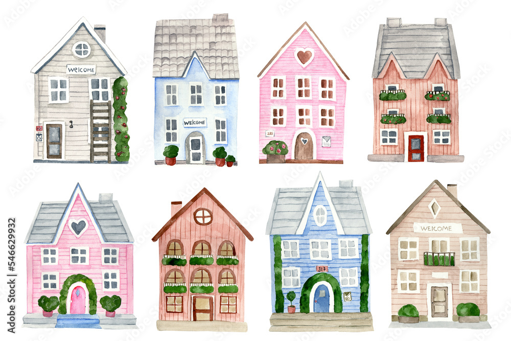 watercolor colored houses illustration