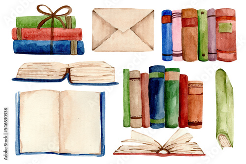 Watercolor set of books illustration