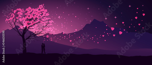 Happy Valentine's Day couples in love, romantic date concept. Relationship, Love, Valentine's day. Beautiful landscape, mountain vector illustration for banner, poster, card, header. 
